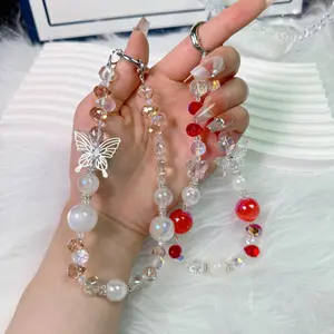 Butterfly Element Sparkling Beaded Phone Wrist Strap- Stylish Cellphone Lanyard Chain with Bracelet Design for Women, Fashionable Wristlet for Smartphones-SLT001