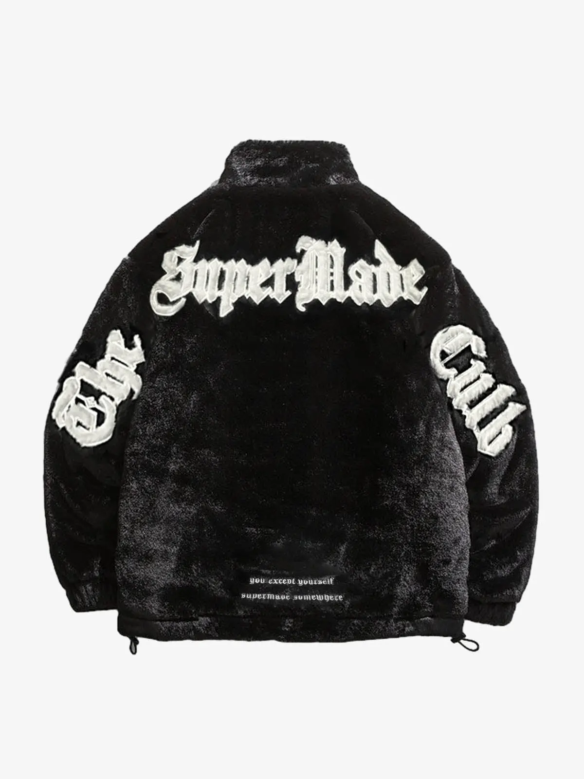 Supermade Unisex Long Sleeve Oversized Streetwear Faux Fur Coat with Embroidered Back Text, Full Zip and Ribbed Hem, Menswear, Coats, Tops, Plush, Graphic, Soft, Fleece, Wide Shoulders