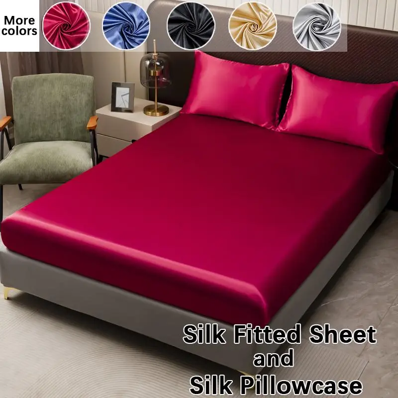 [2/3pcs Luxury Solid Satin Fitted Sheet Set] Soft Silk Fitted Sheet Set, Silk Bedding for Bedroom, Guest Room, Hotel, Satin Bedding Sets (1 * Fitted Sheet + 1/2 * Pillowcase, Coreless)