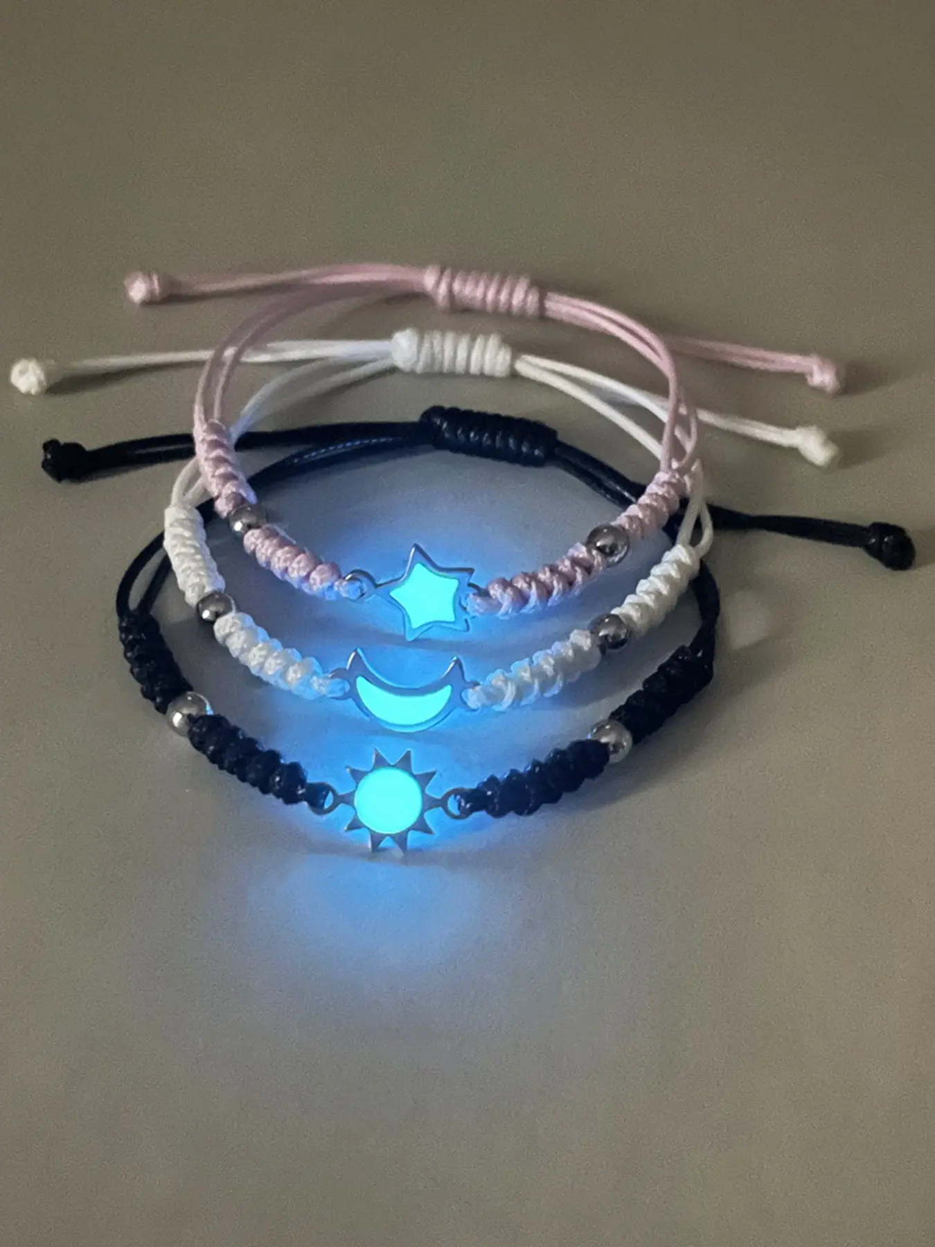 3-Piece Glow-In-The-Dark Moon Star Bracelet Set, Bracelet Bundle, Braided Bracelets, Cute Handmade Woven Friendship Gift, Perfect for Loved Ones and Friends