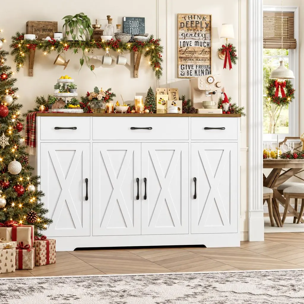 【FallDealsForYou】HOSTACK 55" Modern Storage Cabinet, Farmhouse Buffet Cabinet, Coffee Bar Sideboard with Drawers, Doors & Shelves for Kitchen, Dining Room & Living Room, Christmas Gift, Home essentials