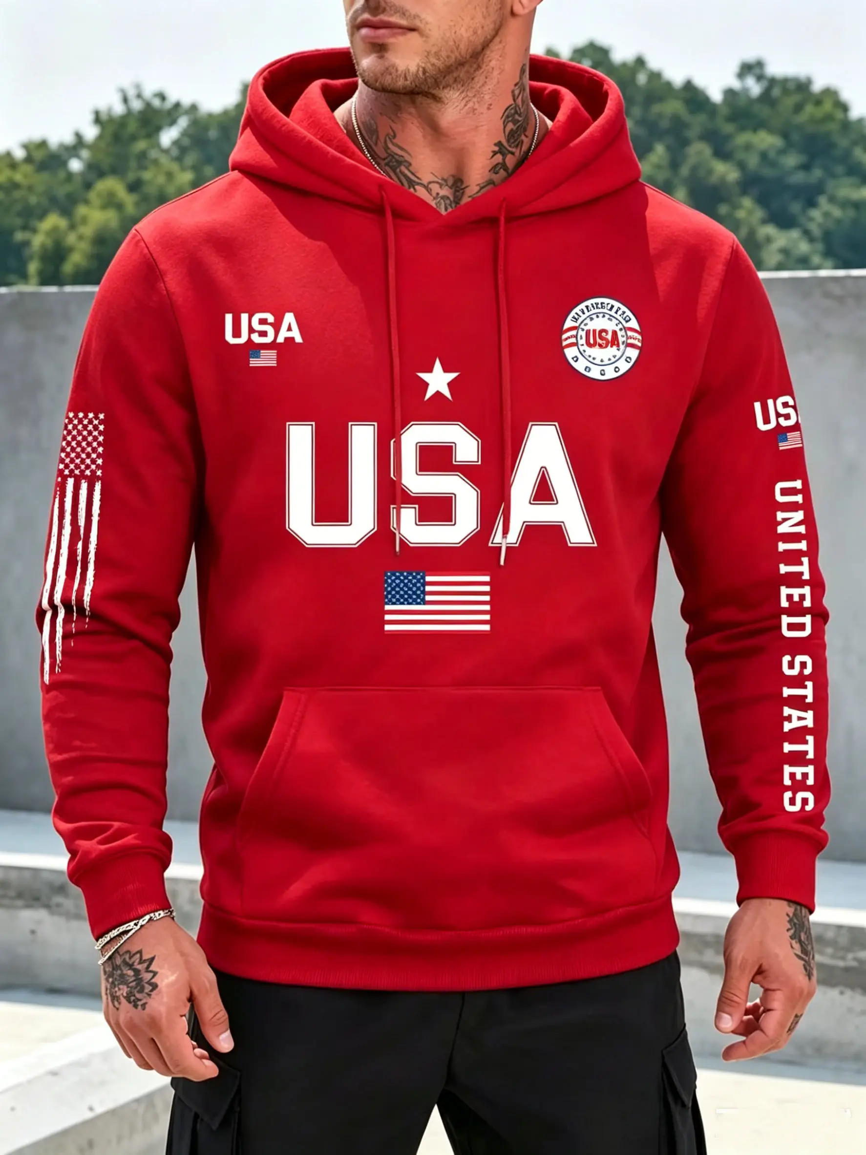 USA Flag Print Fleece Hoodie Men's solid color sports shirt, casual sports style pullover sweatshirt, thick polyester fiber fabric, patch details decoration, machine washable, a must-have for comfortable wearing in autumn and winter fathersdaygift