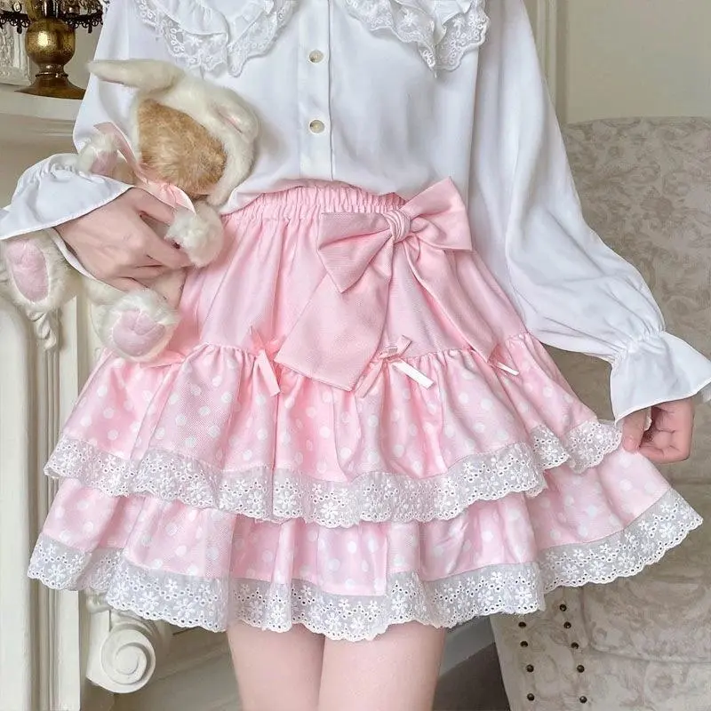 Summer Sweet Bow Lolita Cake Skirts Womens Kawai Lace Ruffles Pleated Skirt Girl Japan Elegant High Waist A-Line Y2k Short Skirt