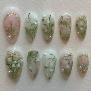 10 Pcs Hand-Painted Lily-Of-The-Valley Almond Nails, Elegant Floral Design with Gold Leaf & Pearl Accents, Glossy False Nails, Flower Nails
