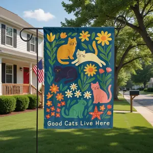 Good Cats Live Here Garden Flag and House Flag, Colorful Floral Cat Yard Decor, Spring Summer Outdoor Porch Banner, Whimsical Garden Gift for Cat Lovers