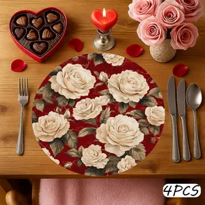 4pcs Romantic Floral ArtisticValentine's Day - Rose Pattern Cream Red Table Mats, 38.1cm Round -Dining Decor, Machine Washable, Romantic Meals | Festive Dining Accessory | Durable Placemats, Valentines Decorations