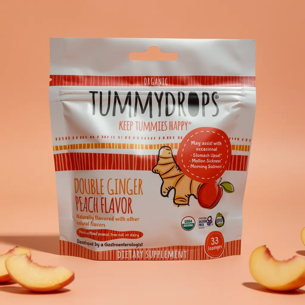 Tummydrops Organic Double Ginger Peach Lozenges - Organic Sugar Supplement, 33 Ct, Relieves Bloat
