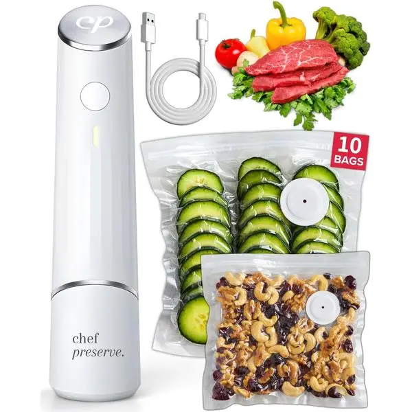 Chef Preserve Compact Vacuum Sealer for Food (Vacuum Sealer Machine + 10 Reusable Vacuum Bags) Powerful Handheld Vacuum Sealer Machine, Seal Meal Saver, Portable Food Sealer