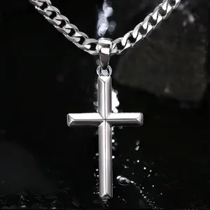 Cross Necklace for Men, Silver Black Gold Stainless Steel Cuban Chain Cross Pendant Necklace for Men