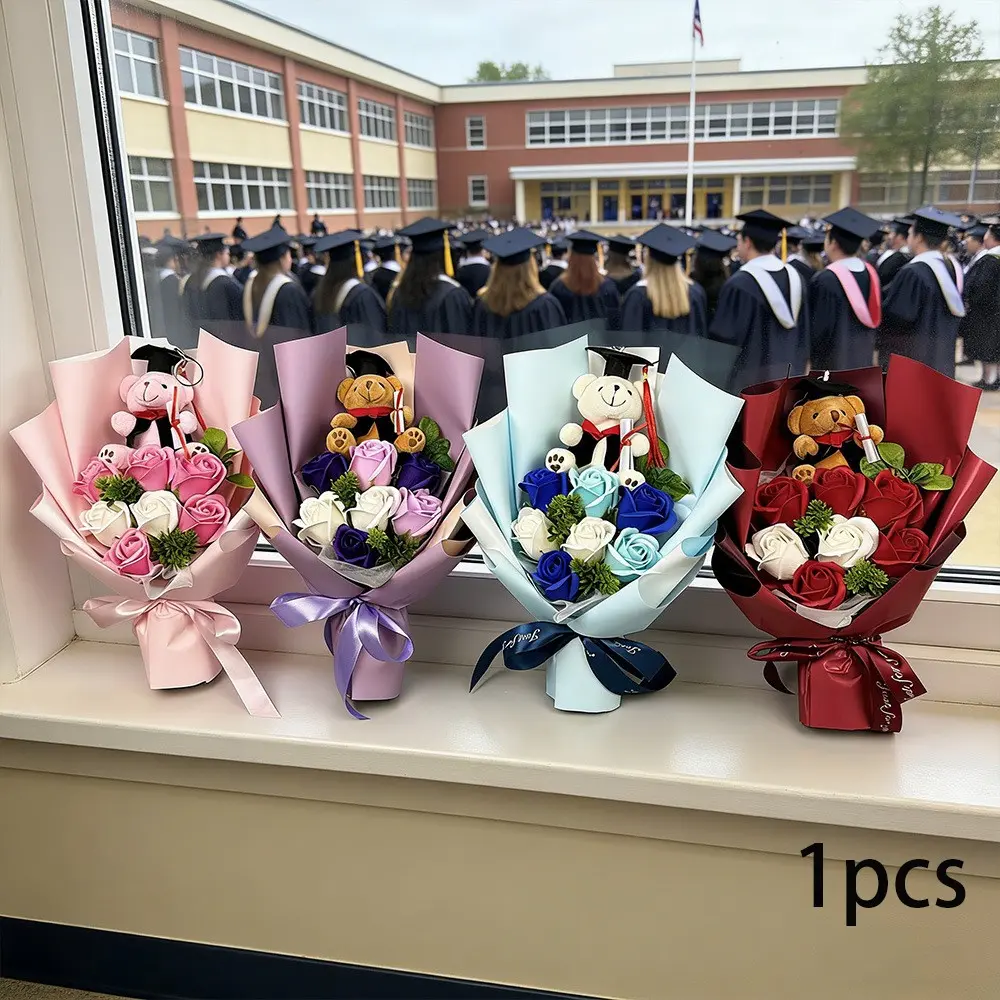 Graduation Bouquet Gift Box with Pink Teddy Bear & Grad Cap, Preserved Rose Bouquet in Black Gift Box, Graduation Photo Prop & Souvenir for Her, College High School Graduation Gift Decoration, Graduation Favors, Party Gifts, Forever Rose Gift, Gift Idea