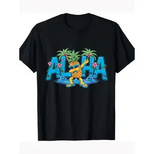 Aloha Dabbin' Pineapple T-Shirt - Hawaiian Beach Style, Black Cotton, Short Sleeve, All Seasons Wear LIA
