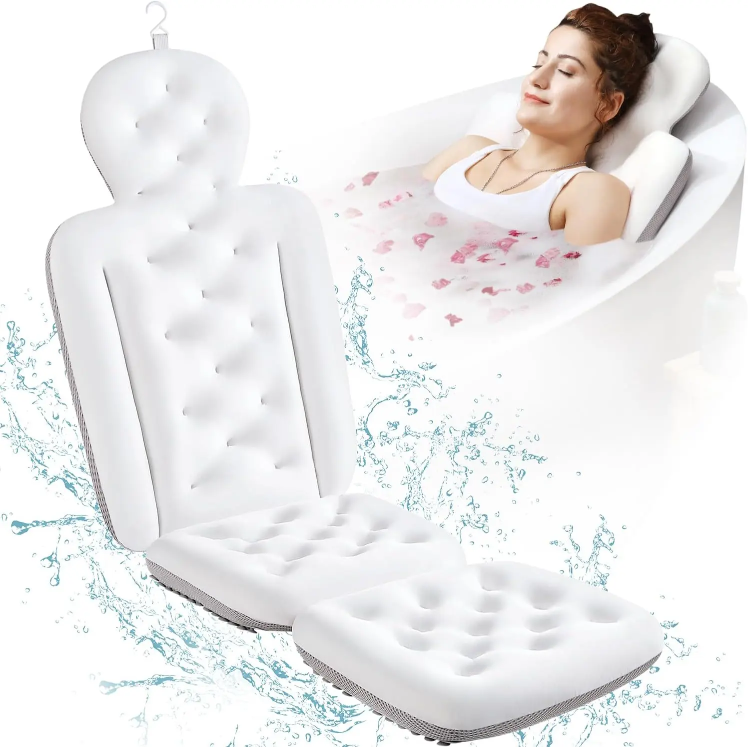 Luxury Bathtub Pillow – Full Body Cushion for Head, Neck & Back, 51" x 16", White