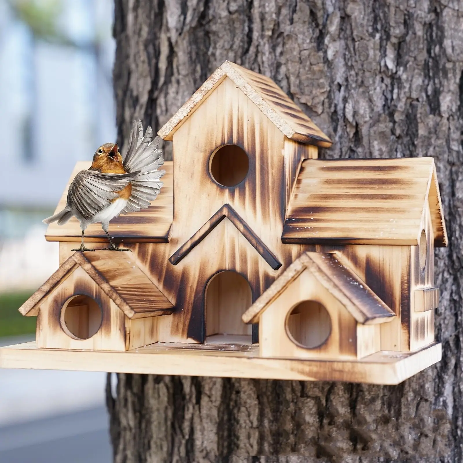 Wooden Natural Birdhouse with Multiple Compartments, Ideal for Hummingbirds and Parrots, Outdoor Garden Decor, Farmhouse Style, No Battery Needed, Tree, Wooden Bird Houses, Bird Houses for Outside