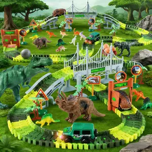 215 PCS Dinosaur Race Track Set with Motorized Train - Flexible Layout, Glow-in-Dark, DIY, Interactive Educational Unisex Toy for Toddlers, Indoor Play Focus Enhancement, Birthday Gift