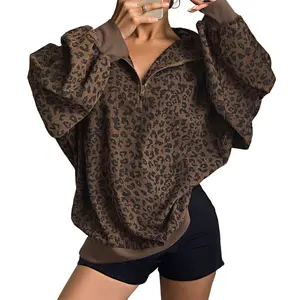Leopard Print Quarter Zip Corduroy Sweatshirt