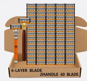 Men's 6-Blade Shaving Razor Set with 60 Cartridges and 2 Wood-Grain Handles, Smooth Shave for Thick Hair and Sensitive Skin, Ideal for Daily Grooming