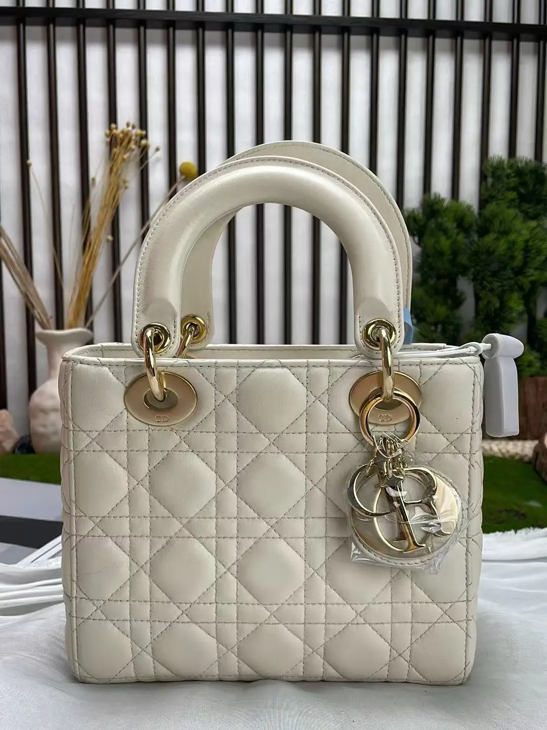 Pre-owned Dior Lady Small Handbag, White Quilted Lambskin Leather, Gold Hardware Designer Shoulder Crossbody Bag for Women