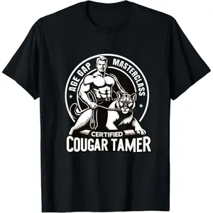Men's 'Cougar Tamer' Graphic T-Shirt - Funny Adult Humor Gag Gift, Casual Fitted Short-Sleeve Soft Cotton Blend Top for Summer Leisure, Made in USA, Menswear, Shortsleeve