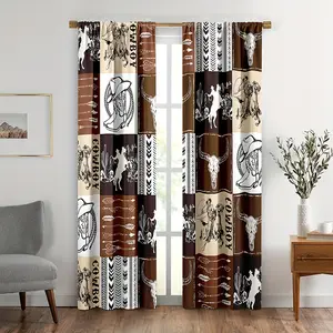 2Pcs denim themed curtains with bull's head, horse and arrow design - geometric brown plaid and western motifs, translucent polyester curtains for bedroom, living room curtains | pastoral curtains | polyester, living room curtains, Home Decoration Curtain