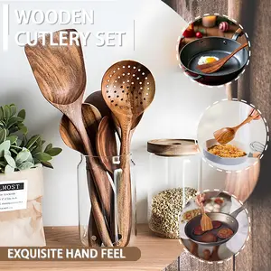 5 Piece Premium Wooden Kitchen Utensils Set, Ergonomic Handles, Natural Eco-Friendly Wood, Includes Spoon Tablespoon Sauté Spatula, Heat Resistant Easy Clean, Safe for Non-Stick Pans, Durable Cooking Tools