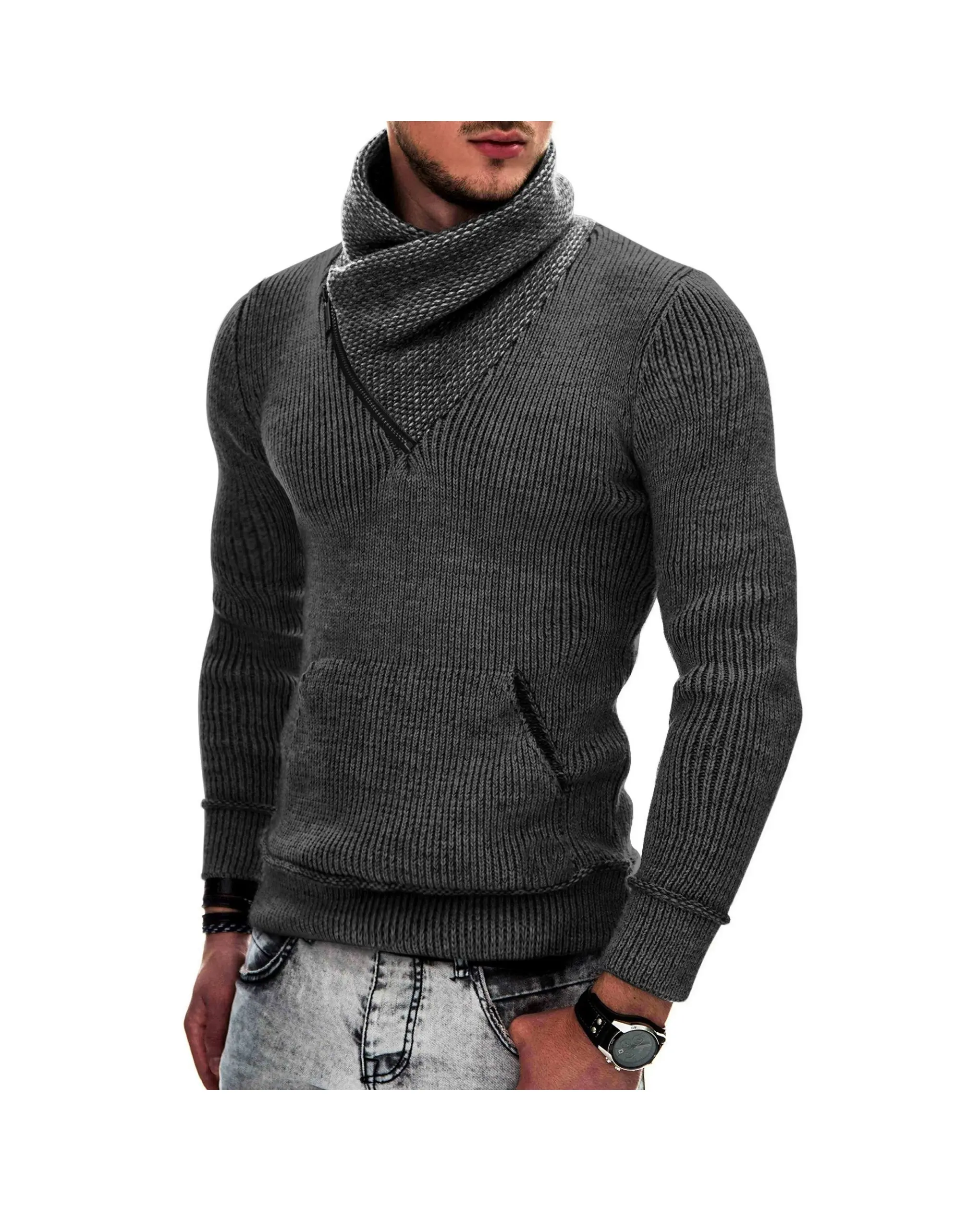 COOFANDY B Men's Knitted Turtleneck Pullover Shawl Collar Sweaters Slim Fit High Neck Hoodies with Pockets