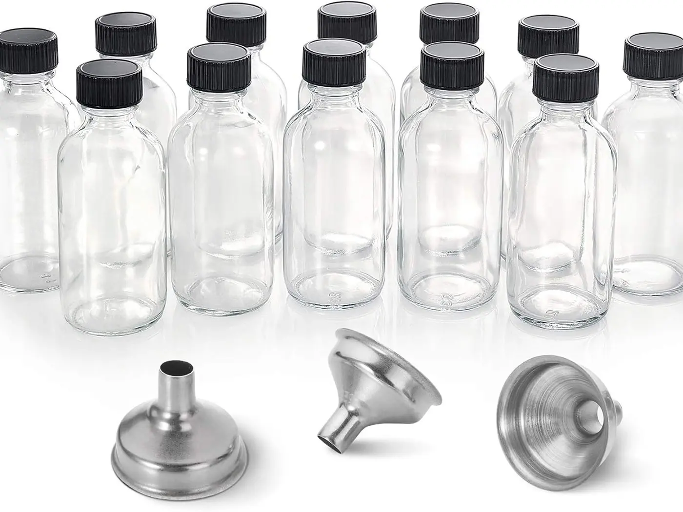 12-Pack 2 fl oz/60ml Round Glass Boston Shot Bottles with Stainless Steel Lids, 3 Funnels & Box - Decorative Storage Containers for Tincture, Travel Home Organization