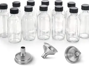 12-Pack Decorative 2 oz (60ml) Round Glass Boston Shot Bottles with Stainless Steel Lids, 3 Funnels & Box - Home Organizer Storage Containers for Perfume, Personal Care, Travel Use