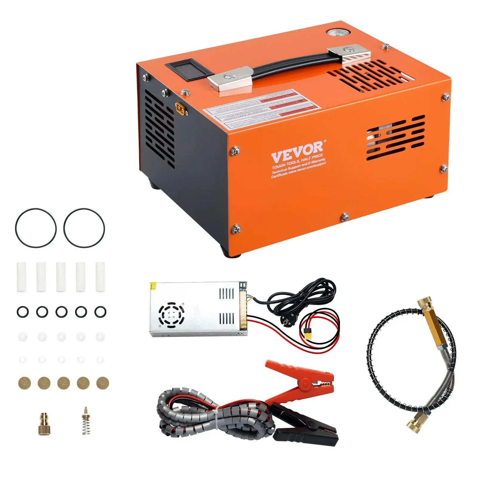 【toolupgrade】VEVOR PCP Pressure Compressor, 4500PSI/30Mpa Portable Airgun Compressor with External Converter, DC12V, AC115V, Oil & Water-Free, Auto Shutdown, Dual Display, High-Pressure Hoses, Accessories Pack for Air Rifle, Paintball Use