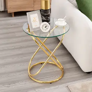 BEKRVIO Gold Round Glass Side Table Modern End Table for Living Room Nightstand Small Spaces Metal Ring-Shaped Desk 19.7"D x 19.7"W x 21.7"H with Gold Plated Legs and Tempered Glass Top
