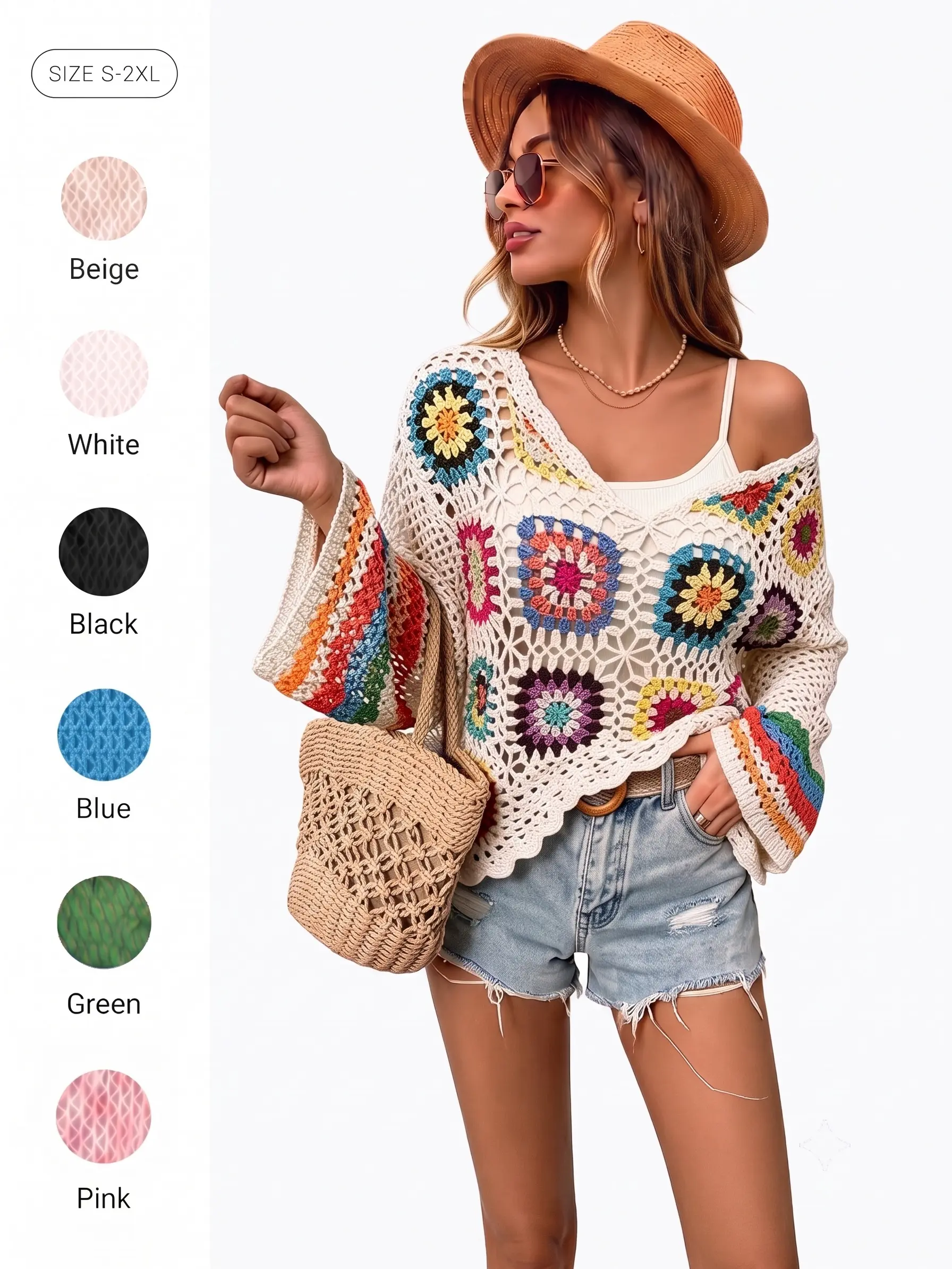 IDEALSANXUN Women's Crochet Flower Polyester Knit Pullover - Boho Ruffle Cropped Longline Cardigan, Spring Summer Beach Swimwear Coverup, Lightweight Casual Boho Clothes for Women, Floral Motif Long Sleeve Cover Up, Swimwear Coverups, Swimsuits Cover Ups,