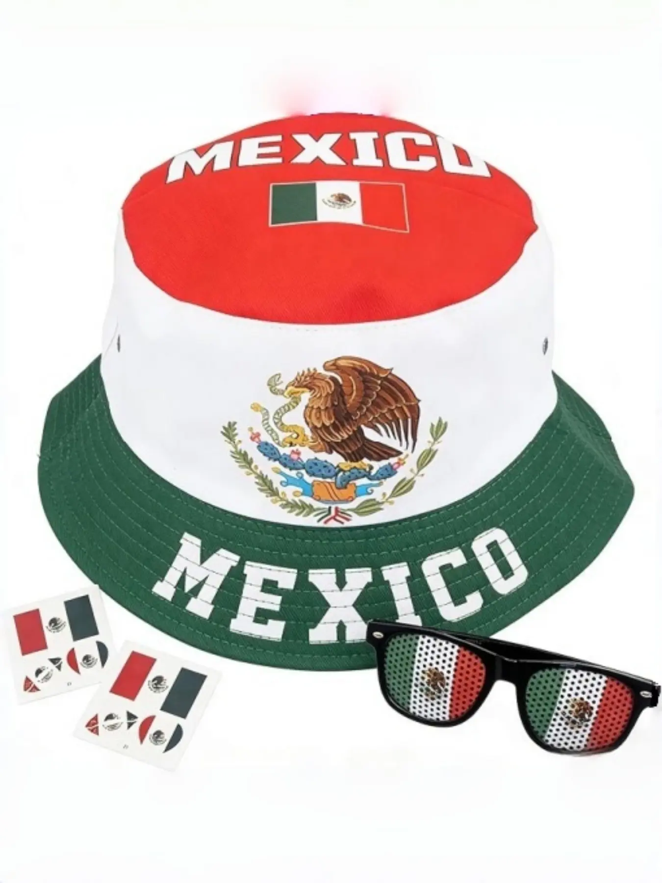 National Flag 3-Piece Soccer Fan Accessory Bundle, One-Size Bucket Hat, Sunglasses, Temporary Tattoos, Outdoor Sports Match Day Patriotism Team Spirit, National Pride