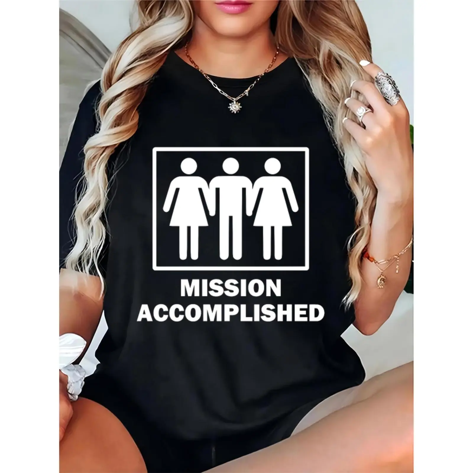 Women's Black 'Mission Accomplished' T-Shirt with 2 Women & 1 Man Graphic – Funny Bachelorette Party, Night Out, Casual Top