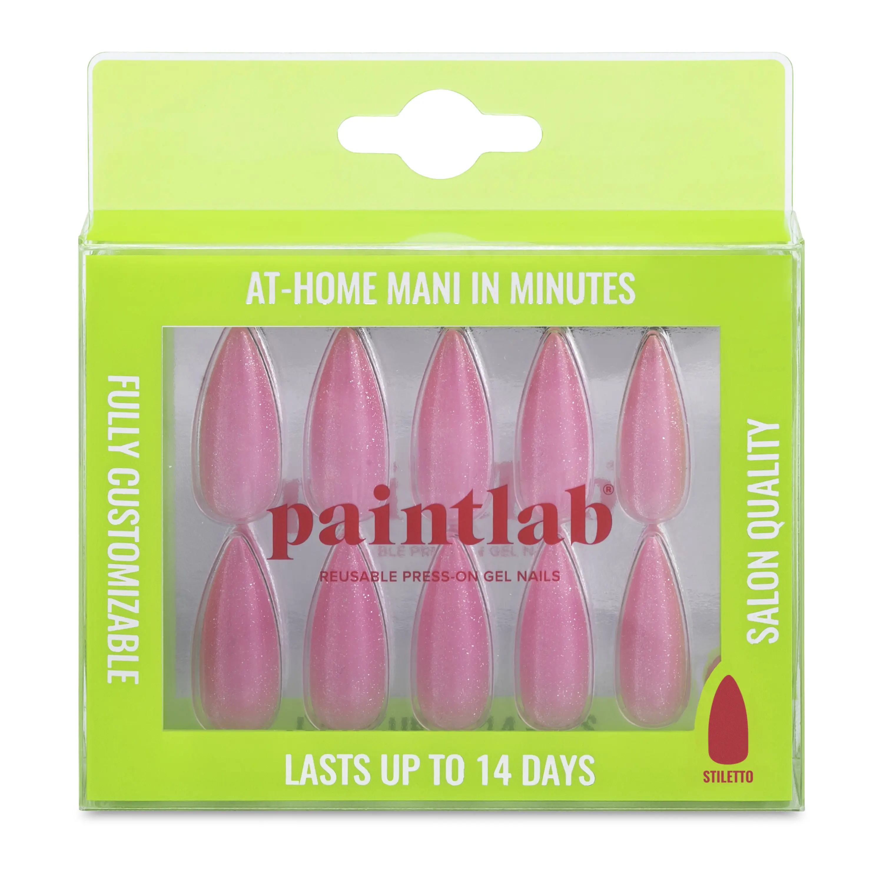 PaintLab Pink Glitter Stiletto Press On Nails - 30 Nails in 15 Sizes with Glue, Reusable Salon Quality, Press-On Fake Nails