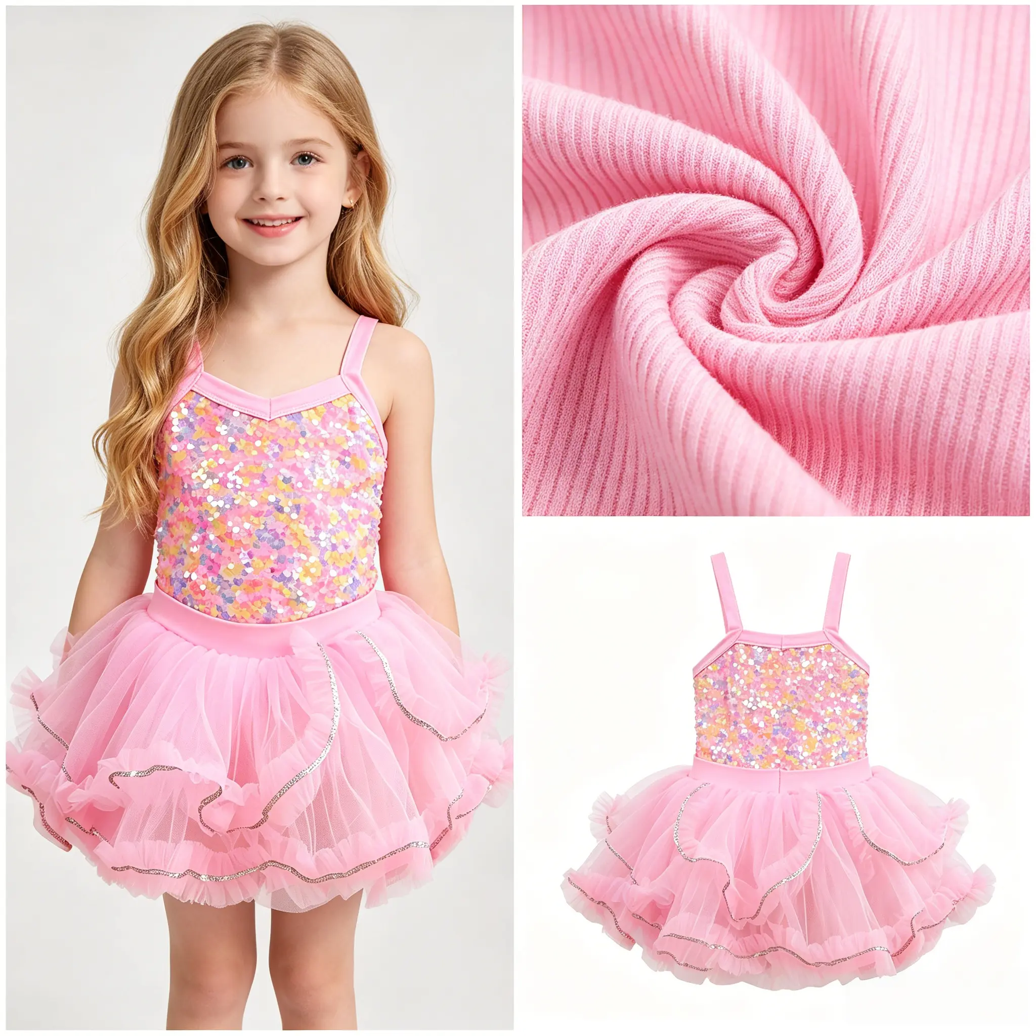 Girls' Sparkly Sequin Ballet Tutu Dress  girls    - Sleeveless V-Neck Leotard with Ruffle Tulle Skirt, Kids' Pink Dance Costume for Recital, Birthday Party