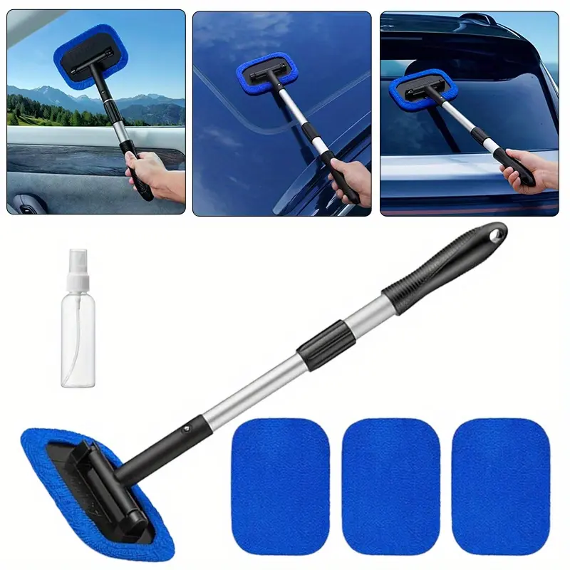 Car Cleaning Kit & Auto Accessories with Extendable Handle, 8 Reusable Washable Microfiber Pads, Surface Cleaner, 60ml Spray Bottle, 8 Microfiber Towels, for Windshields, Glass Mirrors, RVs, Home TV Glass
