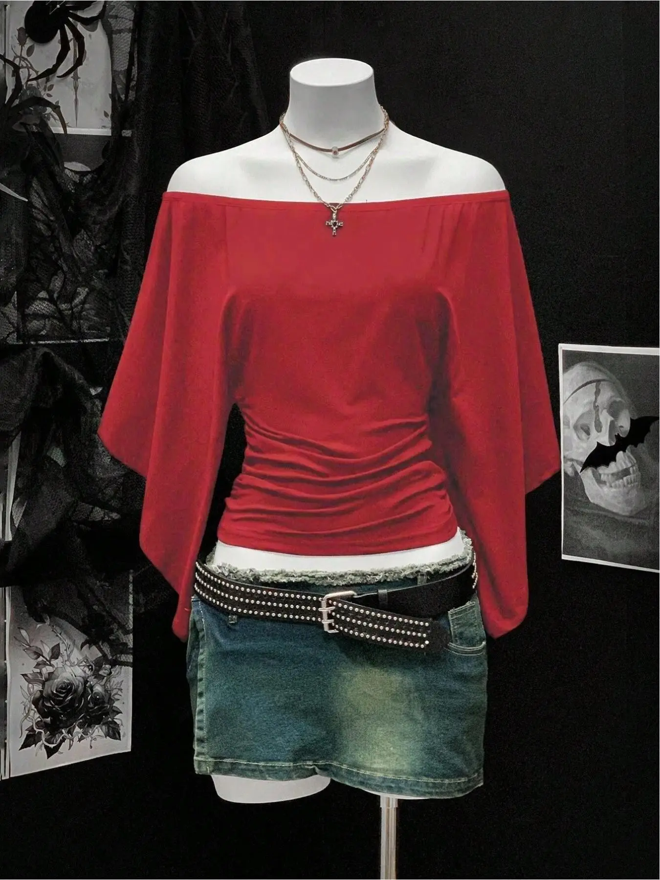 Women's Gothic Style Off-Shoulder Batwing Sleeve Ruched Top, Y2K Streetwear Fitted T-Shirt, Solid Color, Body-Hugging Casual Wear