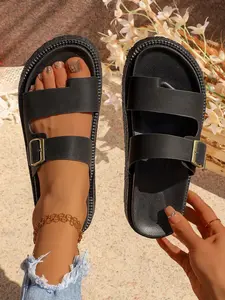 Women's Fashion Flat Sandals, PU Leather Sandals, Dual Strap Buckle Design, Thick Sole Height Increase, Anti-Slip Comfort, Casual Versatile, Home & Outdoors