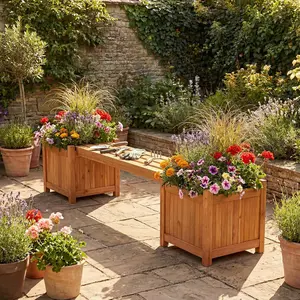 COSTWAY 2-in-1 Outdoor Bench with 2 Raised Garden Beds, Wood with Teak Oil Finish, Garden Bench Seat with Planter Boxes for Porch Balcony Lawn Yard, DIY Assembly, Orange