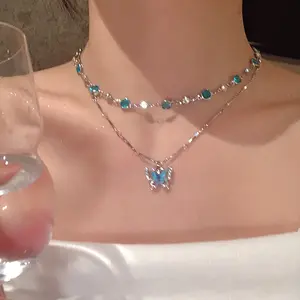 2pcs Elegant Double-Layer Alloy Butterfly Pendant Necklace, Exquisite Luxury Blue Artificial Rhinestone Necklace for Women, Perfect Gift for Holidays and Valentine'S Day