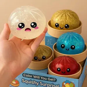 【Blind Box】2026 New Glitter Dumpling Squishy with Steamer Box, Soft Sensory Fidget Steamed Bun Squeeze