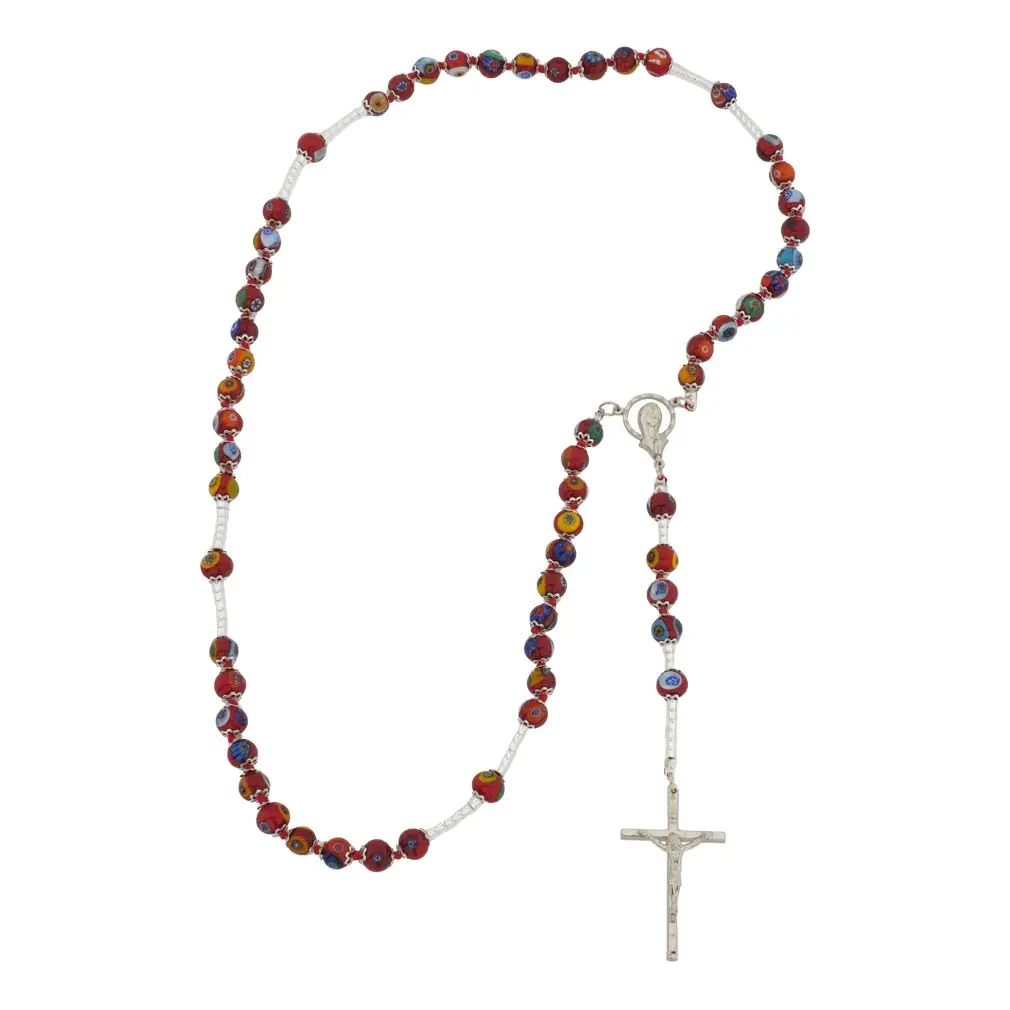 Glass Of Venice Murano Glass Millefiori Italian Rosary with Crucifix Beads - Red, Women's Gift for Anniversary, Birthday