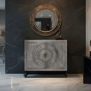 Zera 39 Inch Accent Cabinet with 2 Doors, Hand Carved Medallion, Sandblasted Gray Mango Wood, Black Iron Frame By The Urban Port