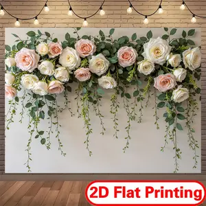 2D Flat Printing Polyester Banner Backdrop Decoration for Kids Birthday Parties with Floral Design and Greenery