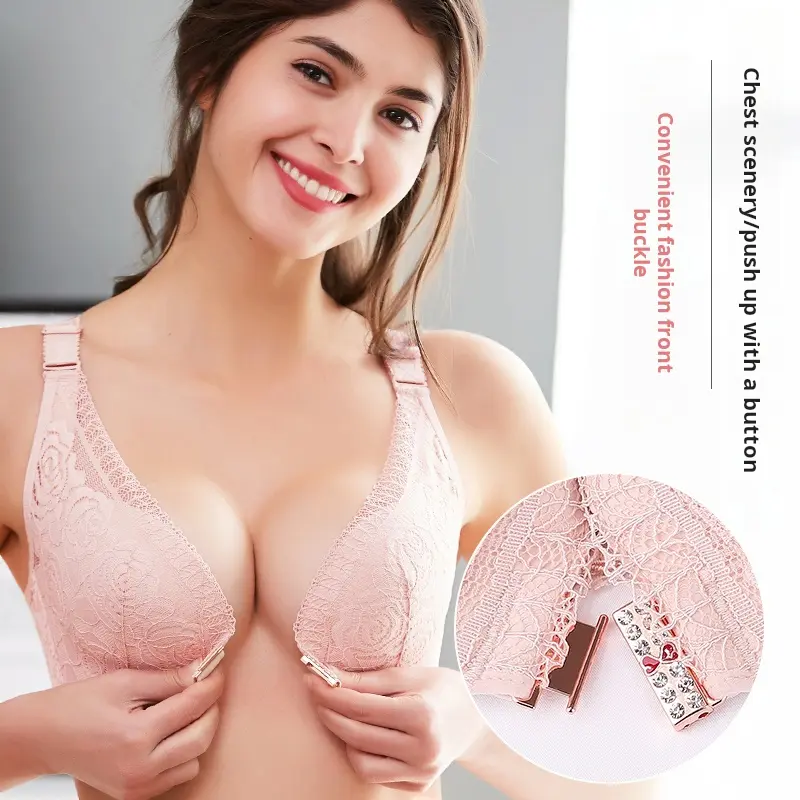 Women's Push Up Wireless Seamless Lace Bra - Adjustable Sexy Front Closure, Rose-Inspired Cross Back, Side Support for Daily Wear