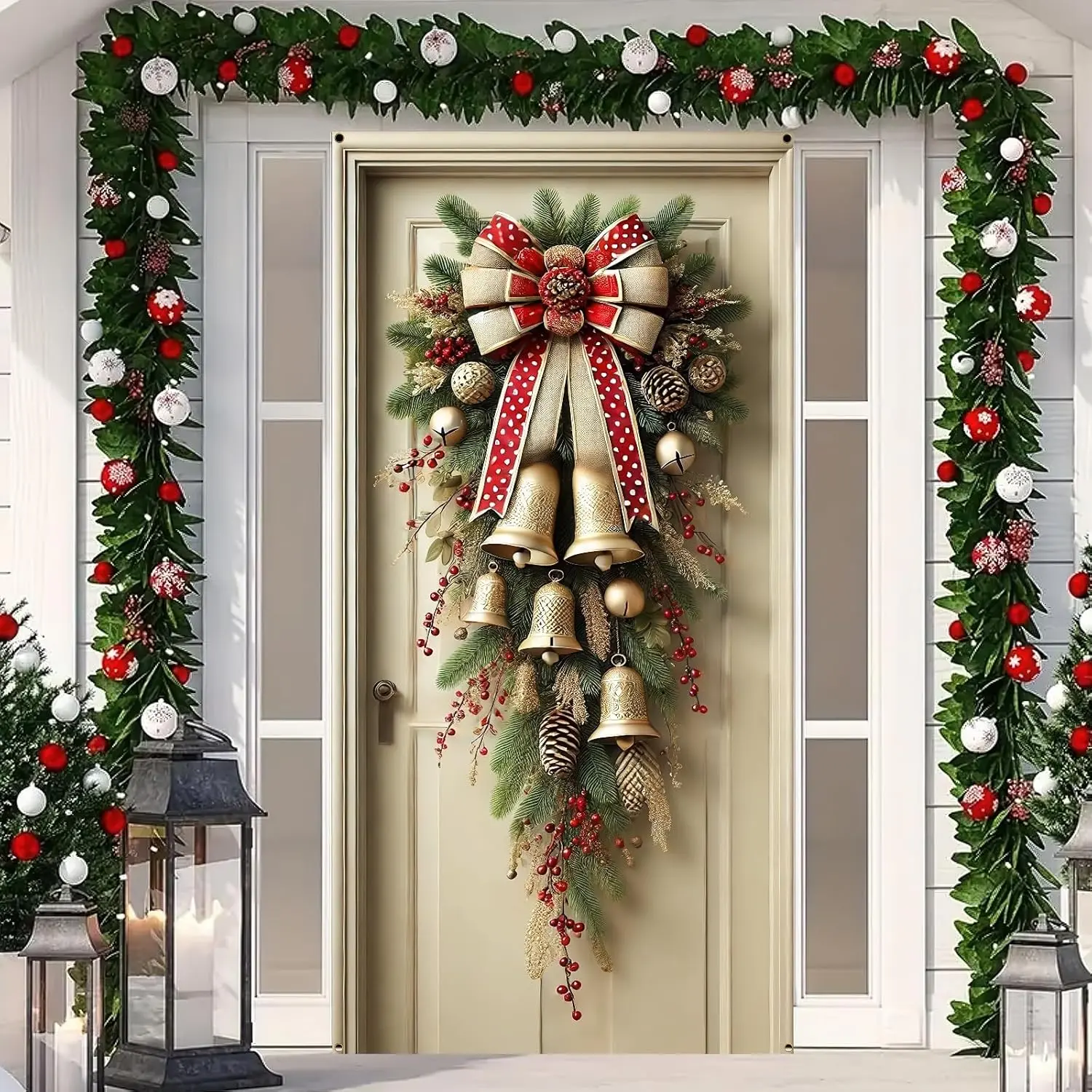 Christmas Door Cover 71x35 Inch with Golden Bells and Red Bow Rustic Winter Door Banner for Front Porch, Indoor Outdoor Holiday Decoration, Christmas Door  Cover, Farmhouse Entry Decor