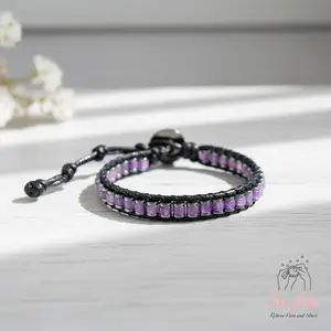 Sofia Amethyst Bracelet Purple Amethyst Hematite Healing Crystal Barrel Gemstone Leather Minimalist Style Gift for Her Him Natural Stone Adjustable