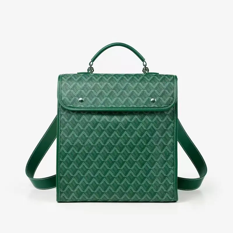 Classic Rhombus Pattern Green Leather Backpack Women Fashion Portable Handbag Casual Travel Student School Shoulder Bag