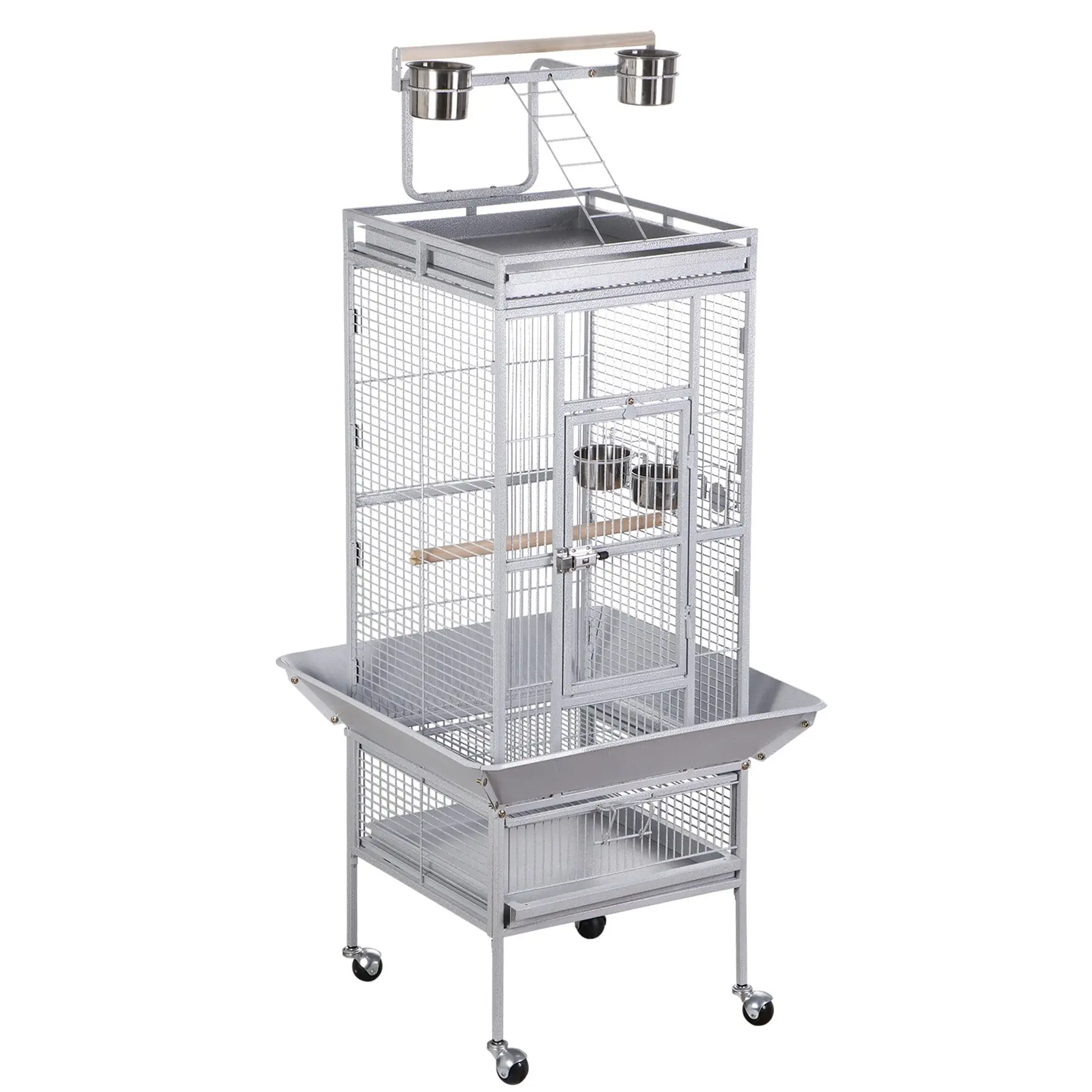 SuperDeal 61-Inch Durable Steel-Iron Bird Cage - Rolling, Open Play Top White Enclosure with Wooden Perch, Mess-Free Design, Easy Assembly for Parrots (25.6x25.6x61 in, 18x17.9x32.9 in, Pet Supplies with Play Space), Bird Accessories
