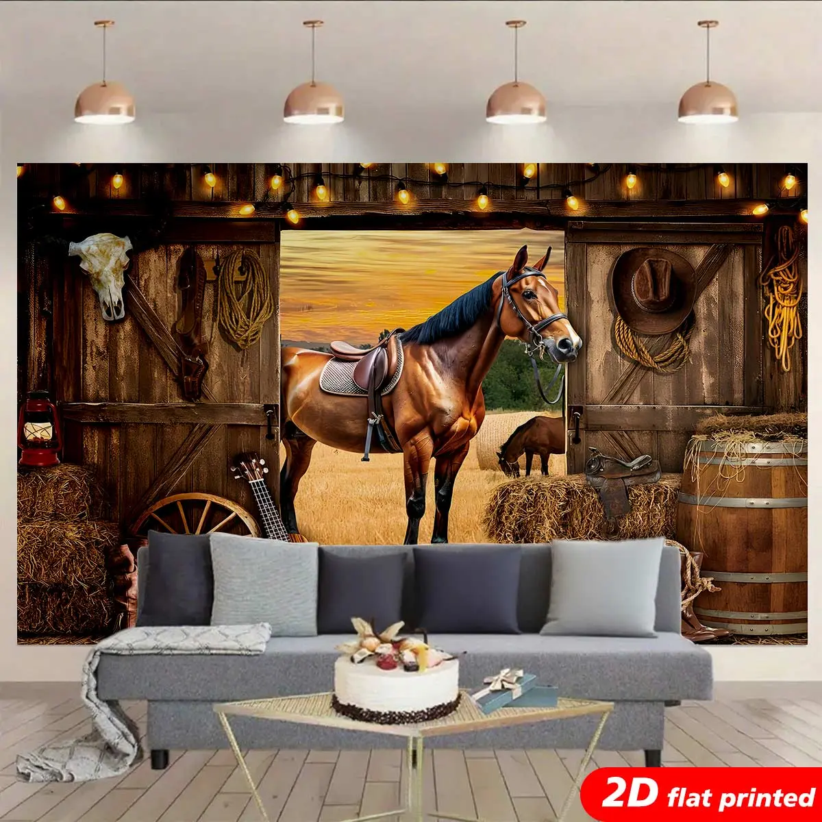 Western Horse Tapestry Wall Hanging - Synthetic, Wrinkle Resistant, Vintage Farmhouse Decor, Golden Barn Hay Bale Sunset Landscape, Country Rustic Tapestries, American Retro Cowboys Arch Backdrop, 2D Flat-Printed Indoor Wooden Accent, Horse Lover Gift, Ro