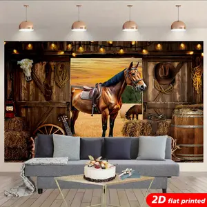 Western Horse Tapestry Wall Hanging - Rustic Wooden Accent, Farmhouse Barn Hay Bale Sunset Landscape Design, 2D Flat-Printed Country Decor for Living Room, Horse Lover Gift